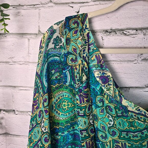 CACHE 100% SILK ONE-SHOULDER GREEN AND BLUE PAISLEY PRINT BLOUSE WOMENS SIZE MED - Picture 10 of 10